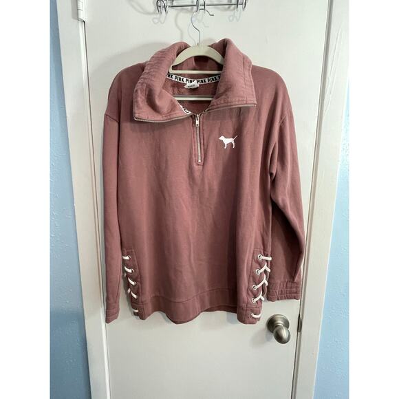 Pink Victoria's Secret Sweatshirt Small Pink Quarter Zip Lace Up Sides Workout - Picture 1 of 8